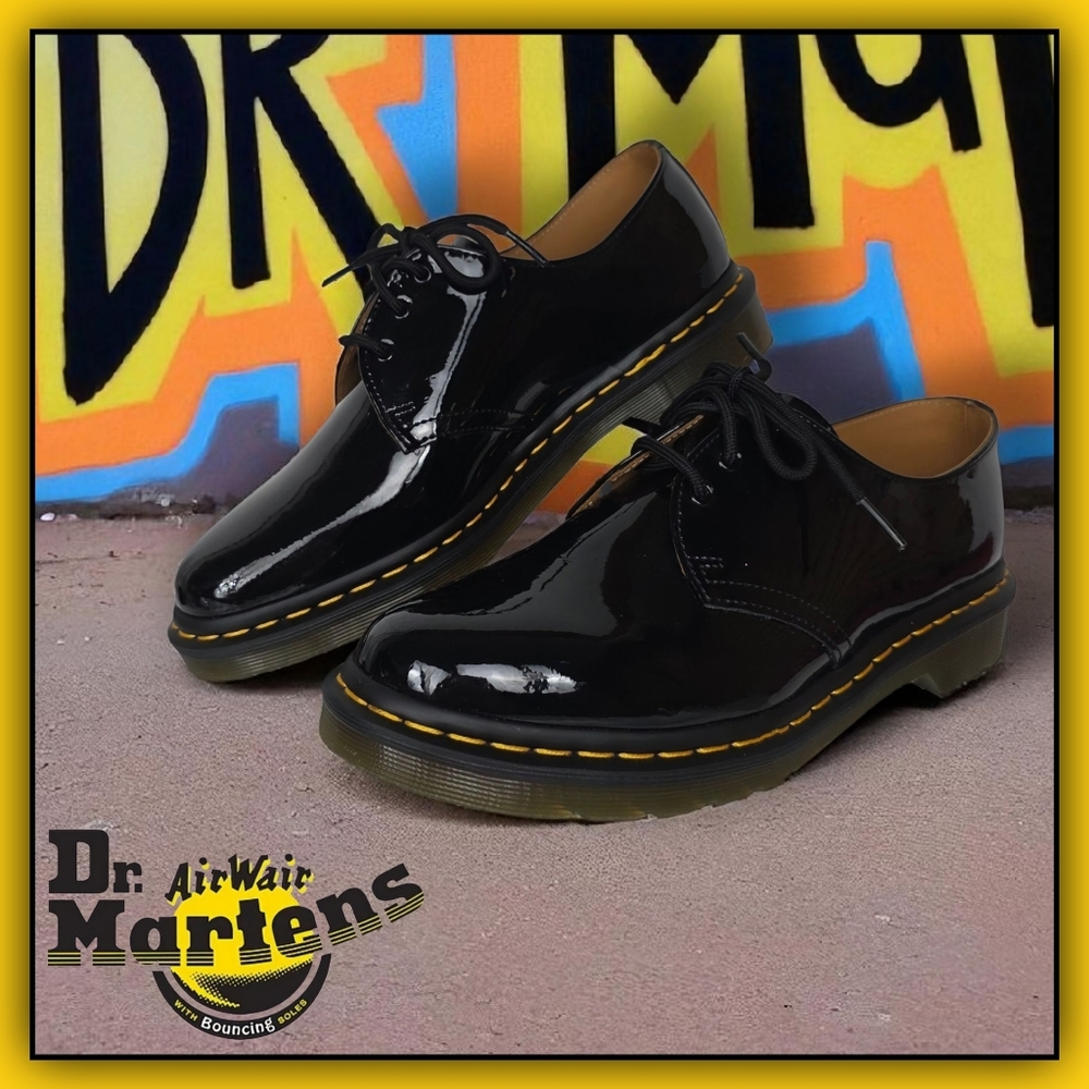 Dr. Martens Black Patent Leather 3-Eye Shoe with Yellow Stitching - Picture 1 of 12
